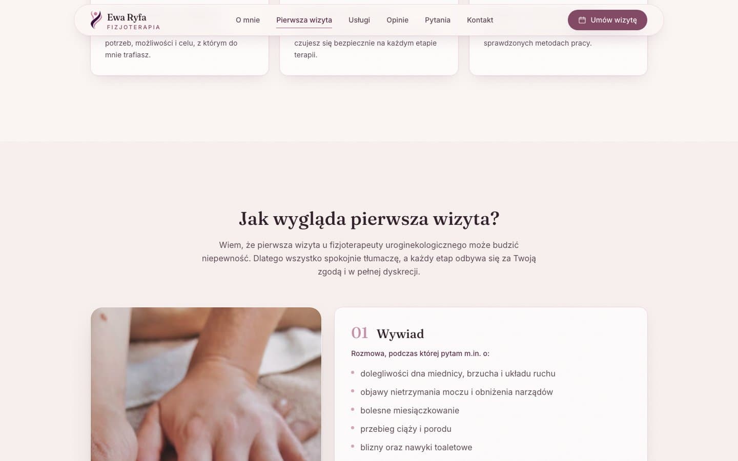 Ewa Ryfa website explaining the interview, assessment and therapy plan at a first appointment