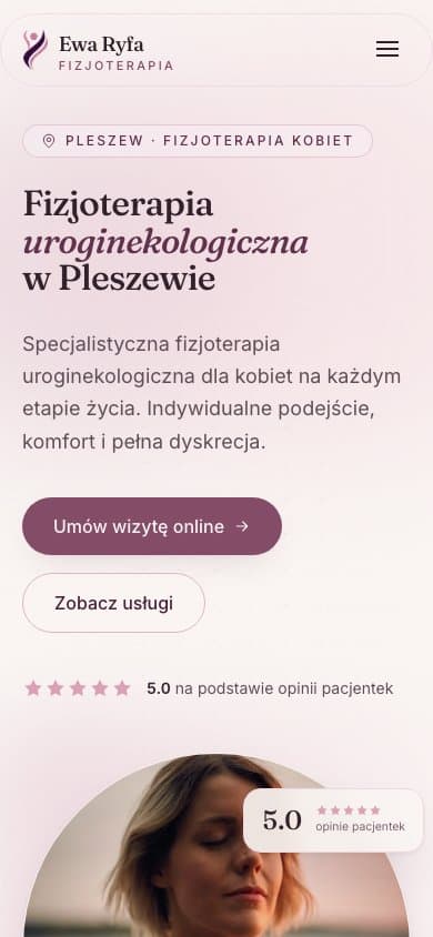 Ewa Ryfa mobile website showing the physiotherapy service and booking action